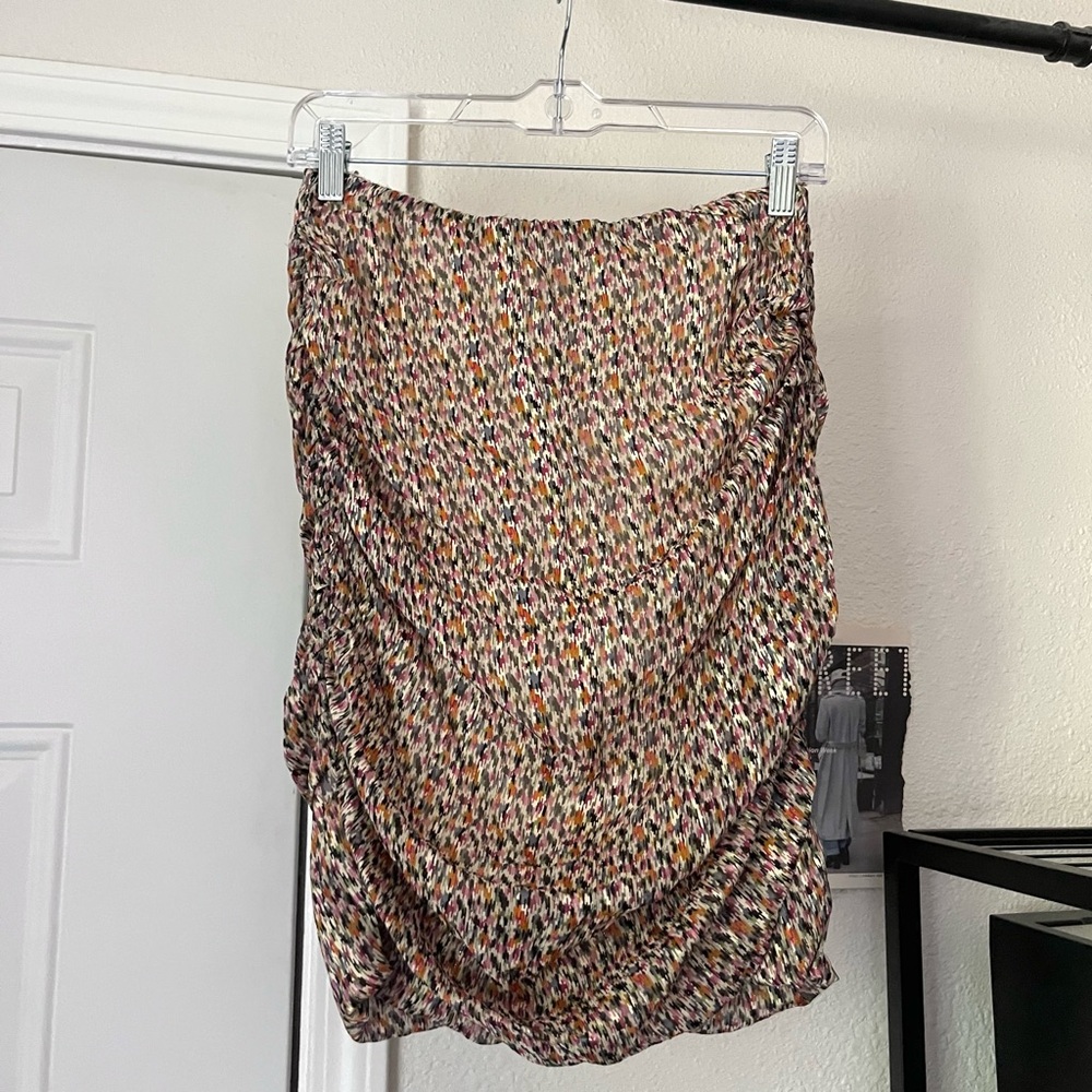 BA&SH multicolor silk blend metallic printed elastic waist ruched mini skirt